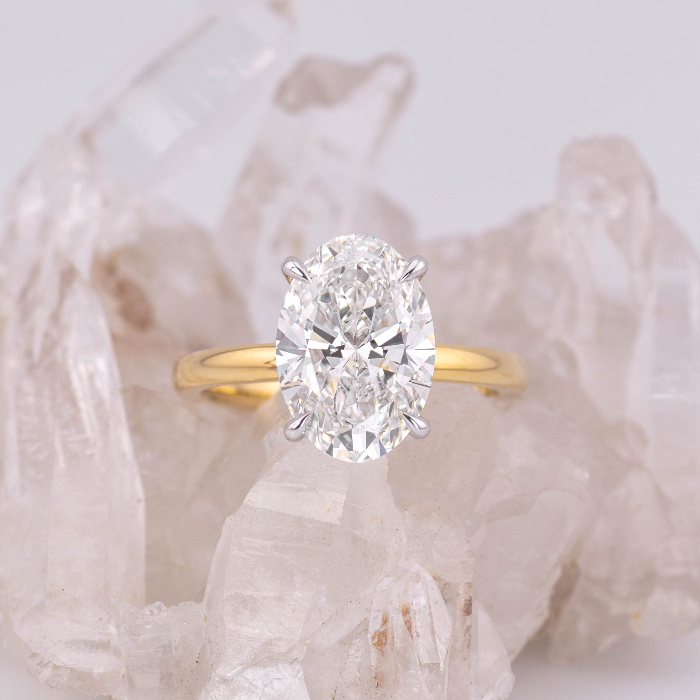(Ready to Ship Size N) - Kate 4.0 – 4 Claw 4.09ct E VVS2 Oval Solitaire in 2 Tone 18k Yellow & White Gold