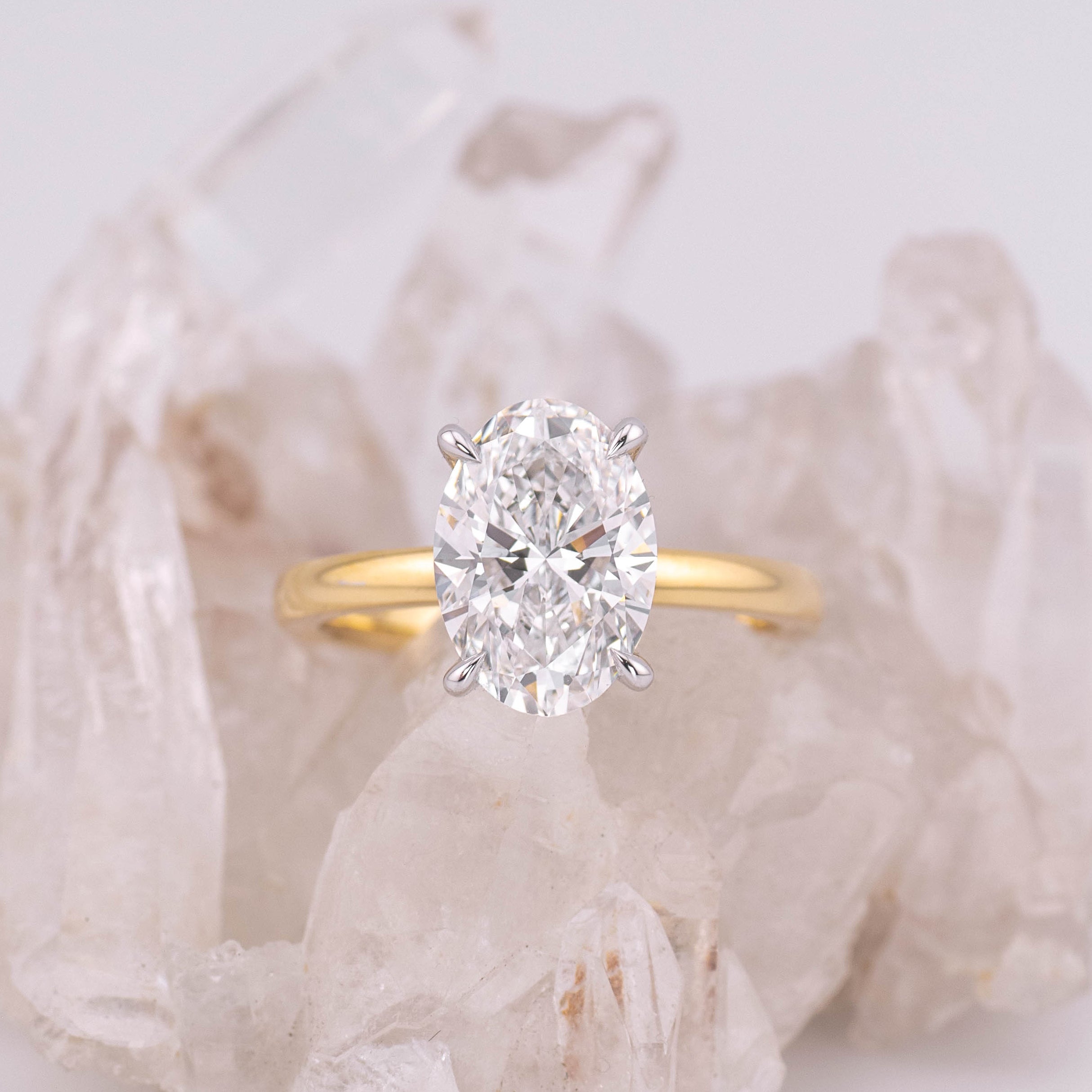 (Ready to Ship Size N) - Kate 3.0 – 4 Claw 3.07ct D VVS2 Oval Solitaire in 2 Tone 18k Yellow & White Gold