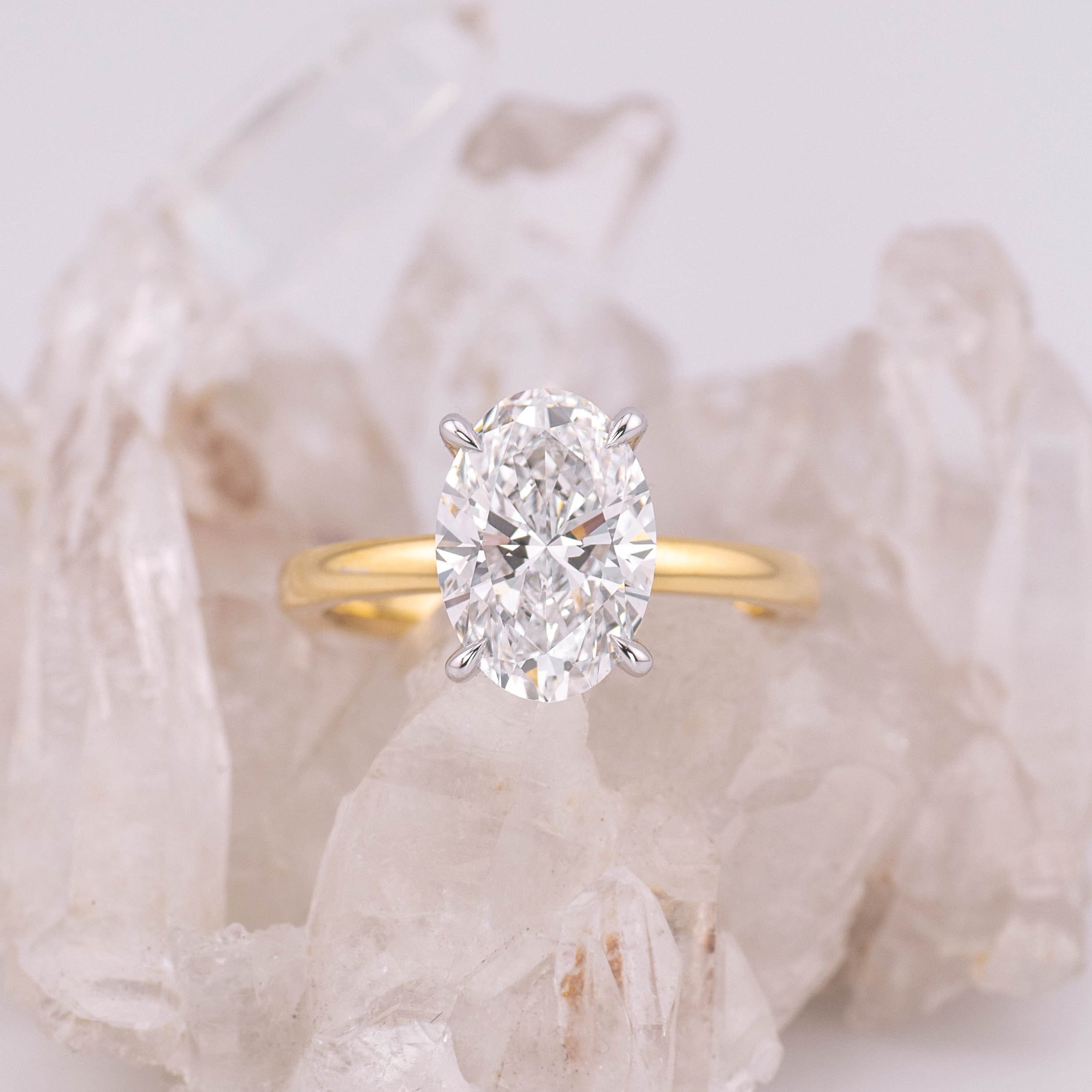 (Ready to Ship Size N) - Kate 3.0 – 4 Claw 3.07ct D VVS2 Oval Solitaire in 2 Tone 18k Yellow & White Gold