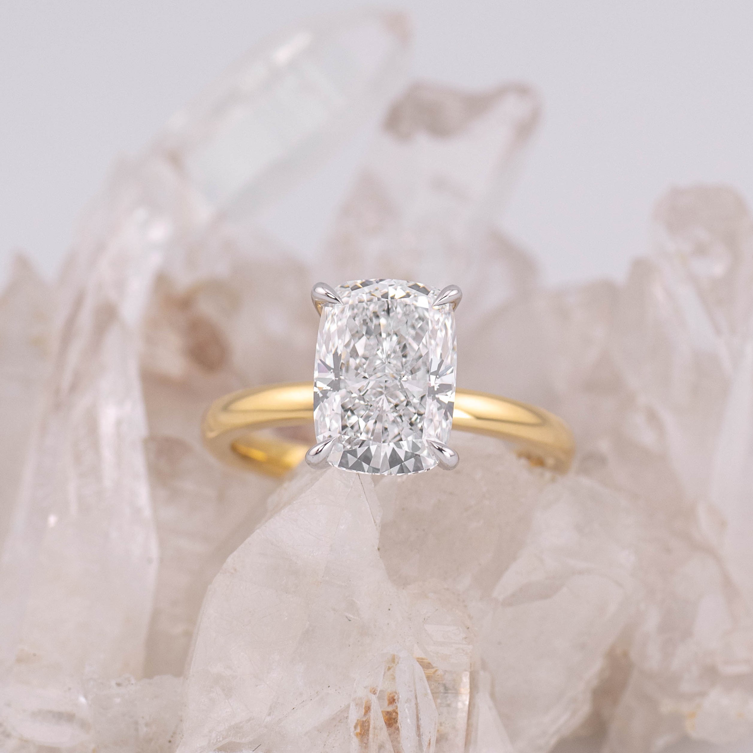(Ready to Ship Size L) - Catherine 3.0 – Elongated Cushion 3.03ct D VVS2 Solitaire in 2 Tone 18k Yellow Gold