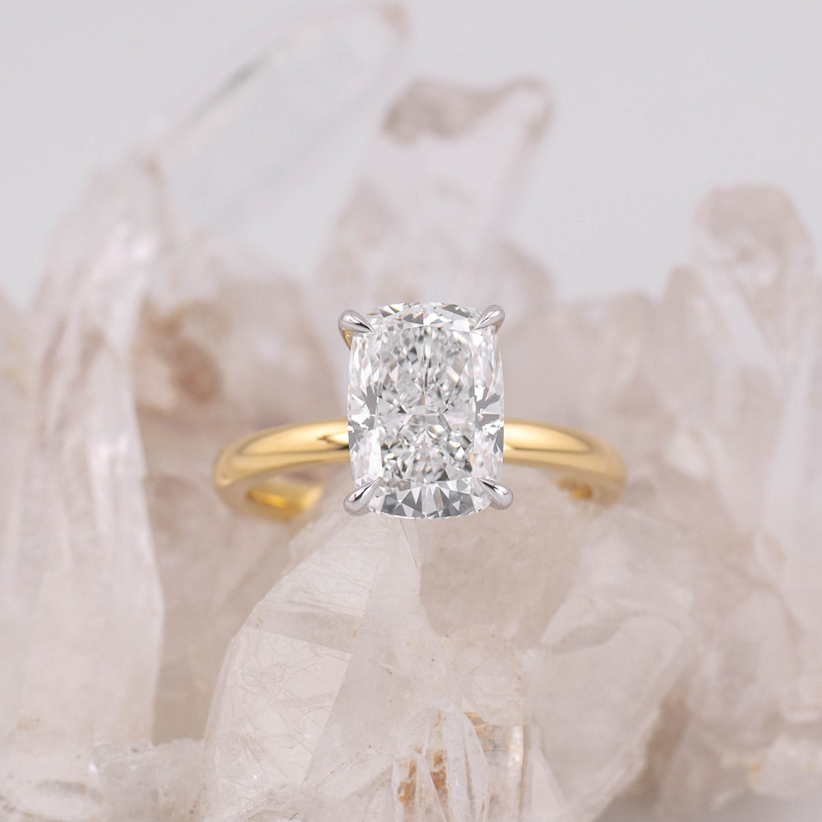 (Ready to Ship Size L) - Catherine 3.0 – Elongated Cushion 3.03ct D VVS2 Solitaire in 2 Tone 18k Yellow Gold