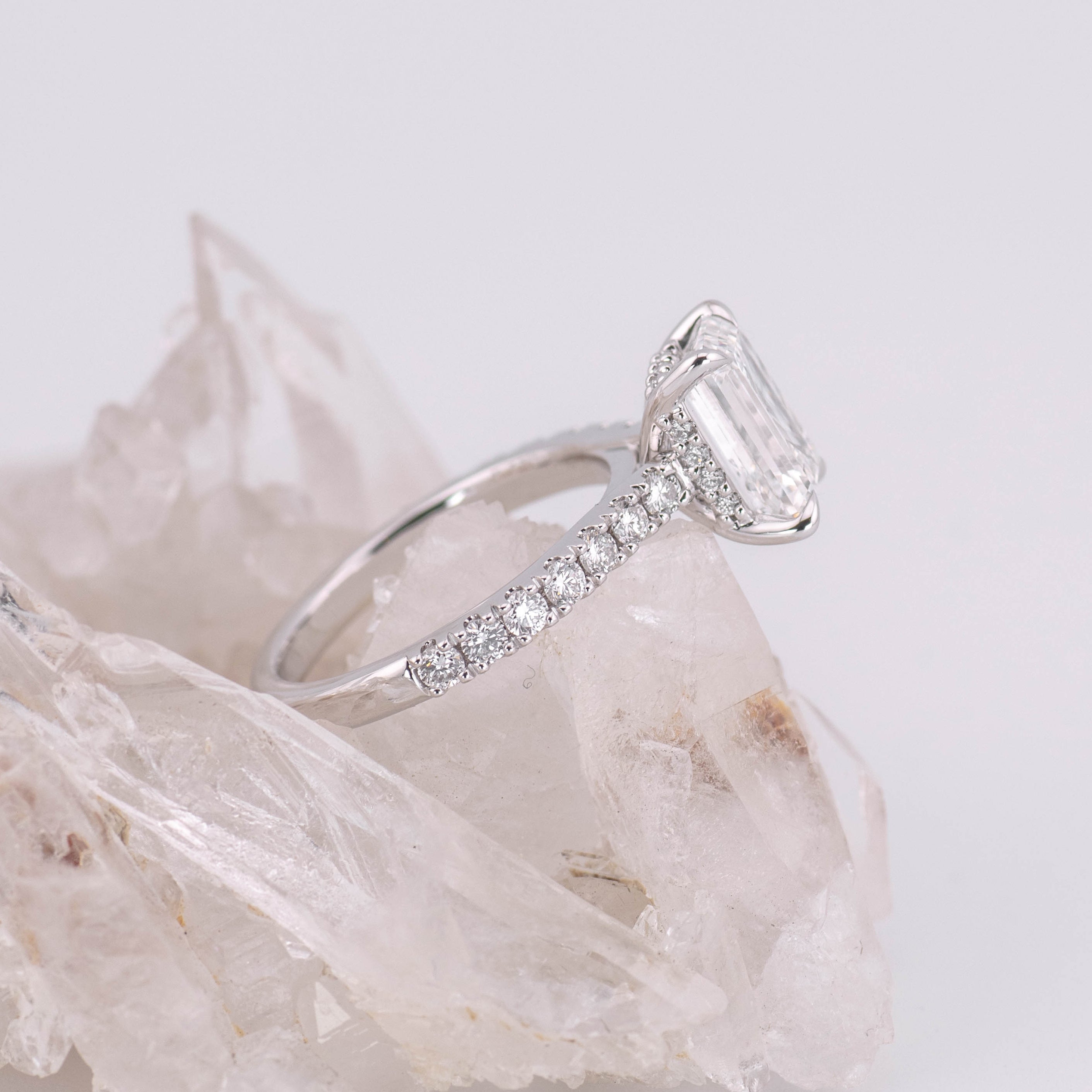 (Ready to Ship Size M) 2.50ct D VVS2 Emerald Solitaire with Hidden Halo & 1/2 Pave Band in 18k White Gold