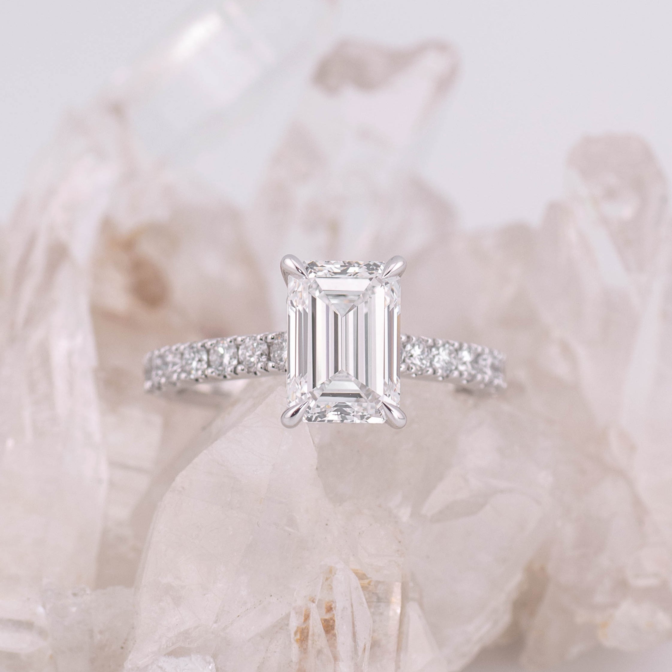 (Ready to Ship Size M) 2.50ct D VVS2 Emerald Solitaire with Hidden Halo & 1/2 Pave Band in 18k White Gold