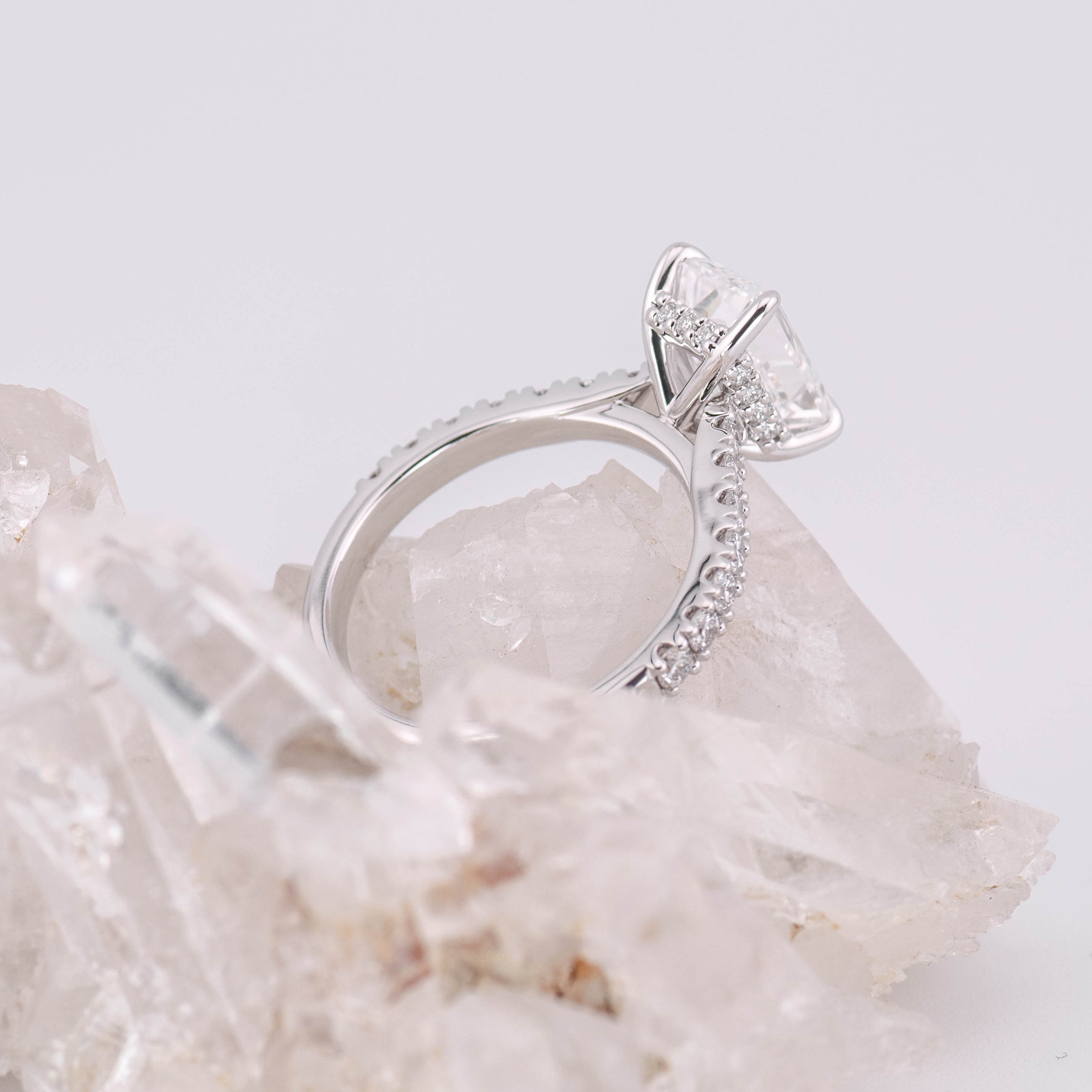 (Ready to Ship Size M) 2.50ct D VVS2 Emerald Solitaire with Hidden Halo & 1/2 Pave Band in 18k White Gold