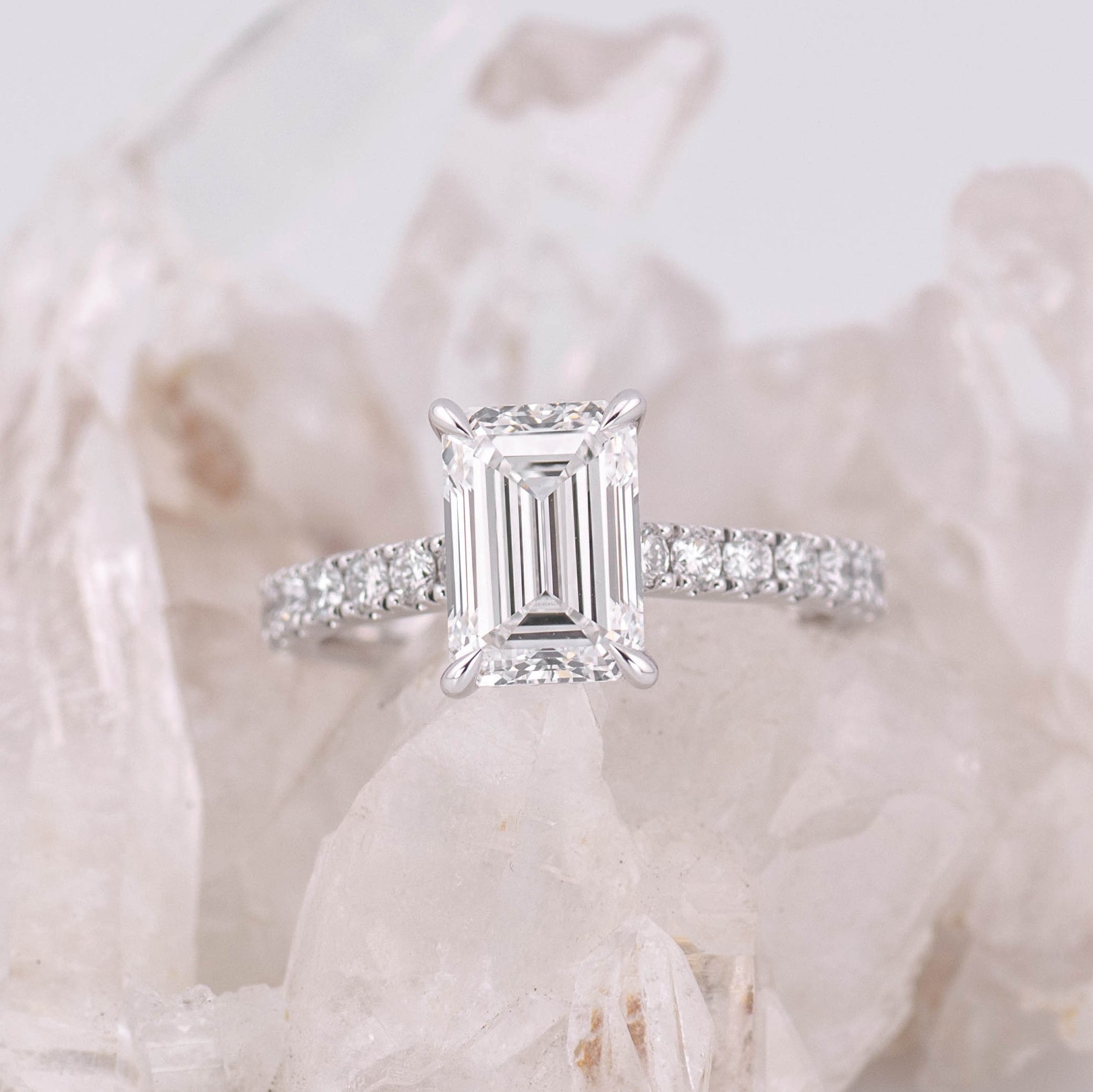 (Ready to Ship Size M) 2.50ct D VVS2 Emerald Solitaire with Hidden Halo & 1/2 Pave Band in 18k White Gold